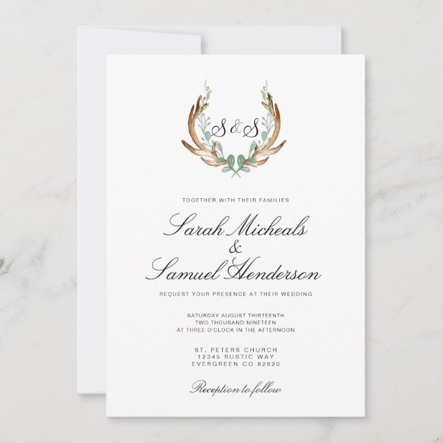 Invitation Rustique Antler | Mariage aquarelle officiel (Devant)
