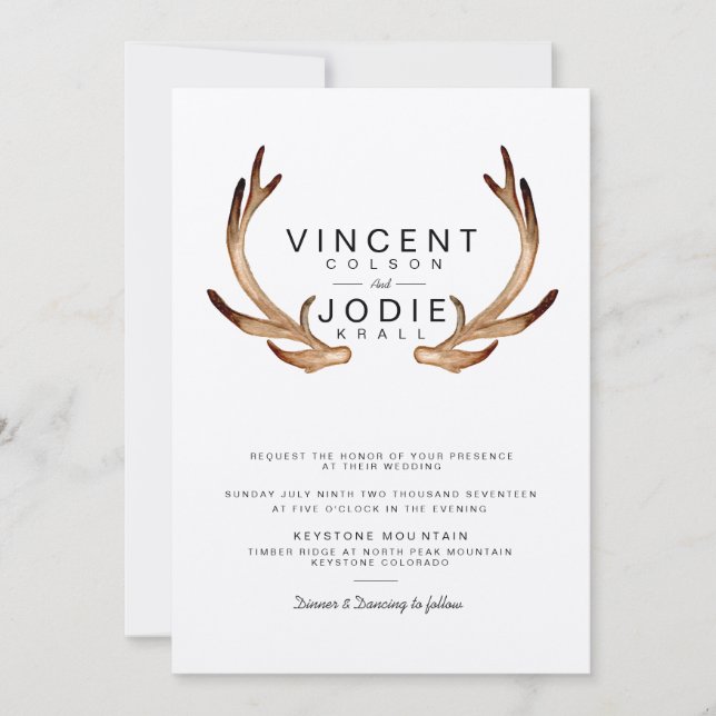 Invitation Rustique Antler Watercolor Wedding (Devant)