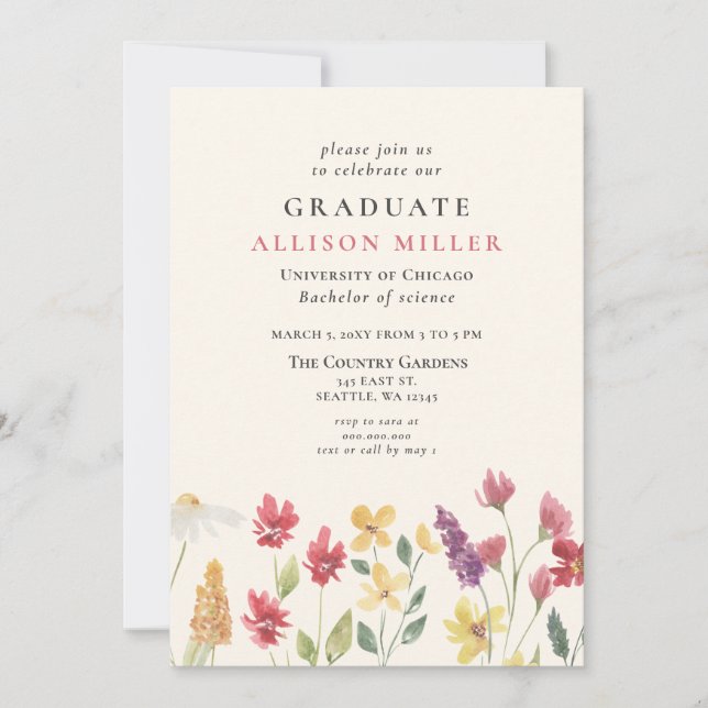 Invitation Rustique aquarelle Boho Fleurs sauvages Graduation (Devant)