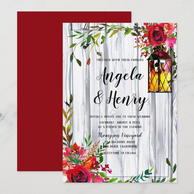 Invitation Rustique aquarelle Flore rouge et Mariage lanterne (Devant / Derrière)