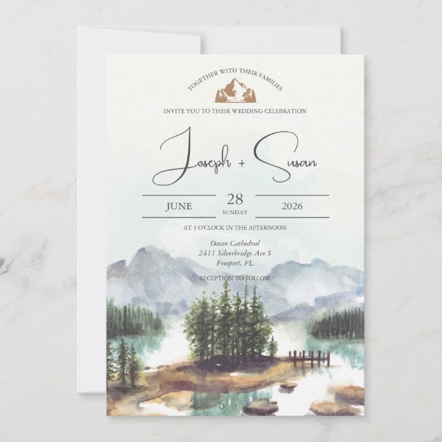 Invitation Rustique Aquarelle Montagne Pins Mariage (Devant)