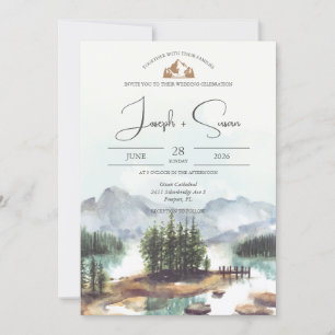 Invitation Rustique Aquarelle Montagne Pins Mariage