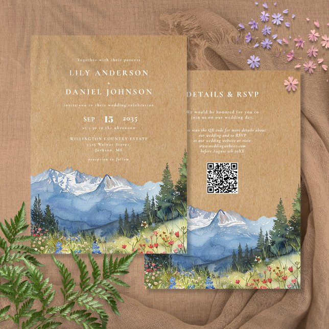 Invitation Rustique aquarelle Mountain Floral QR Code Mariage (Rustic Watercolor Mountain Floral QR Code Wedding Invitation)