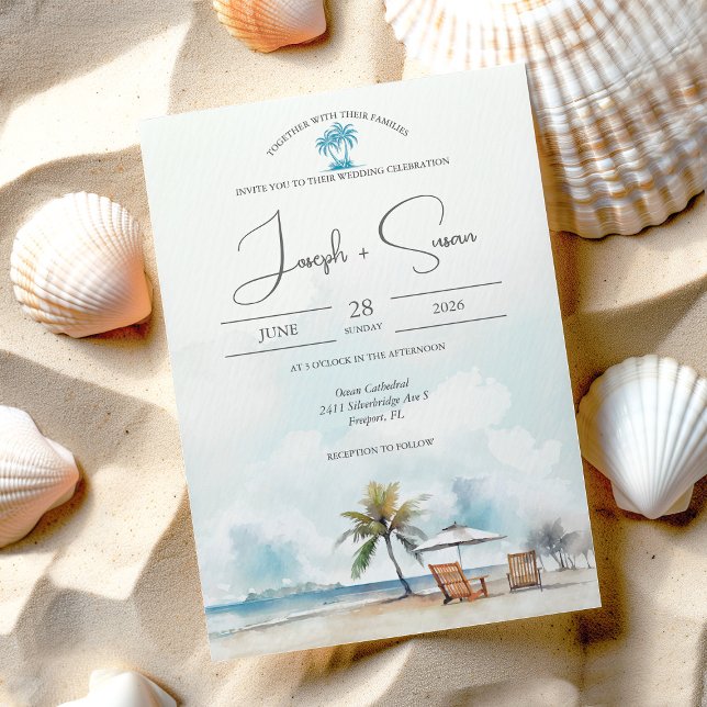 Invitation Rustique aquarelle Ocean Beach & Palm Tree Mariage (Créateur téléchargé)
