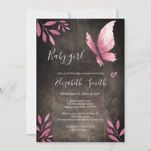 Invitation Rustique aquarelle rose papillon fille babyshower (Devant)