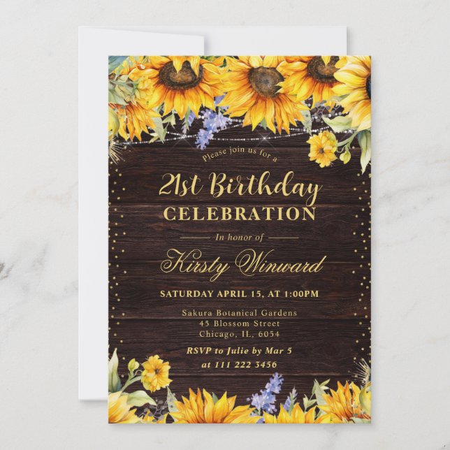 Invitation Rustique aquarelle tournesol Anniversaire (Devant)