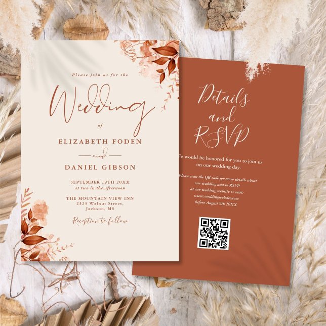 Invitation Rustique Automne automne Floral QR Code Mariage (Rustic Autumn Fall Floral QR Code Wedding Invitation)