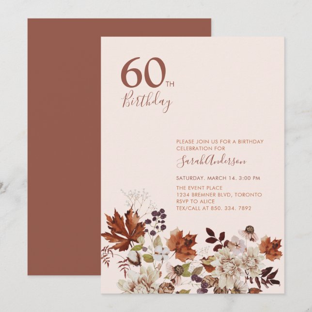 Invitation Rustique Automne Floral Adulte Jalon Anniversaire (Devant / Derrière)