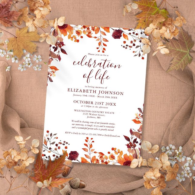 Invitation Rustique Automne Floral Célébration De La Vie Funé (Rustic Fall Floral Celebration Of Life Funeral Invitation)