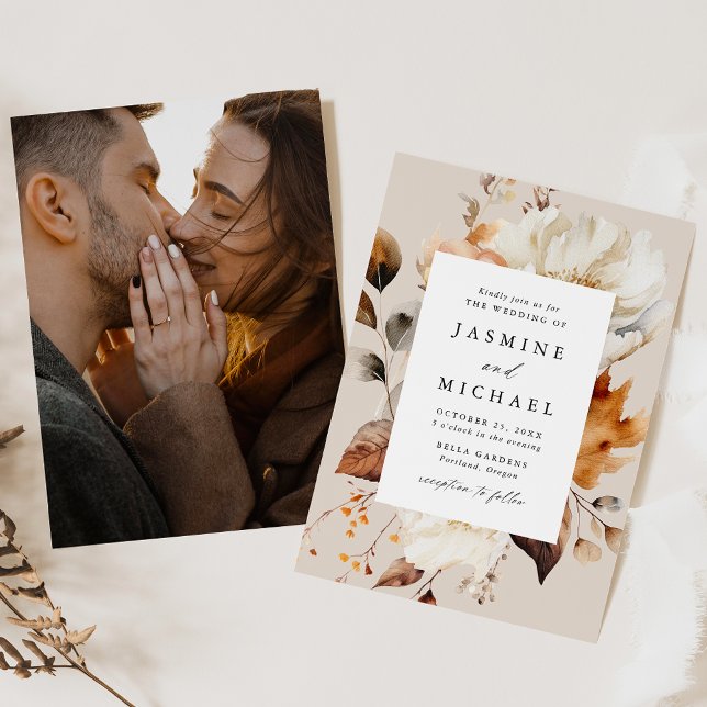 Invitation Rustique Automne Floral Frame Photo Mariage (Créateur téléchargé)