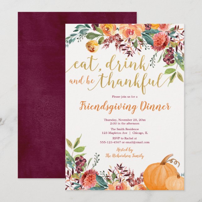 Invitation Rustique automne floral Friendsgiving Dîner (Devant / Derrière)