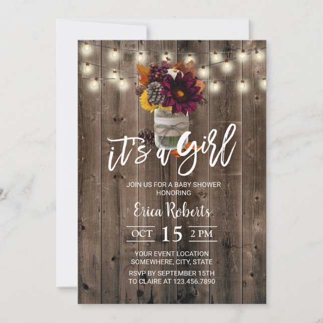 Invitation Rustique Automne Floral Jar Barn Baby shower fille (Devant)