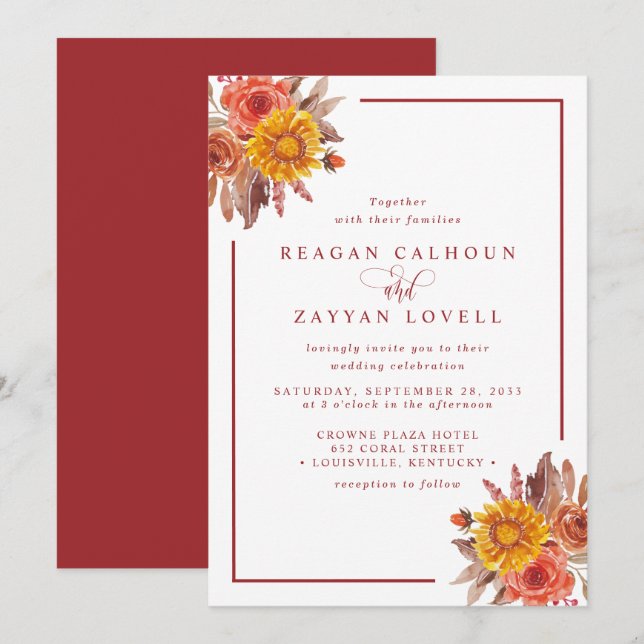 Invitation Rustique Automne Floral Mariage Automne (Devant / Derrière)