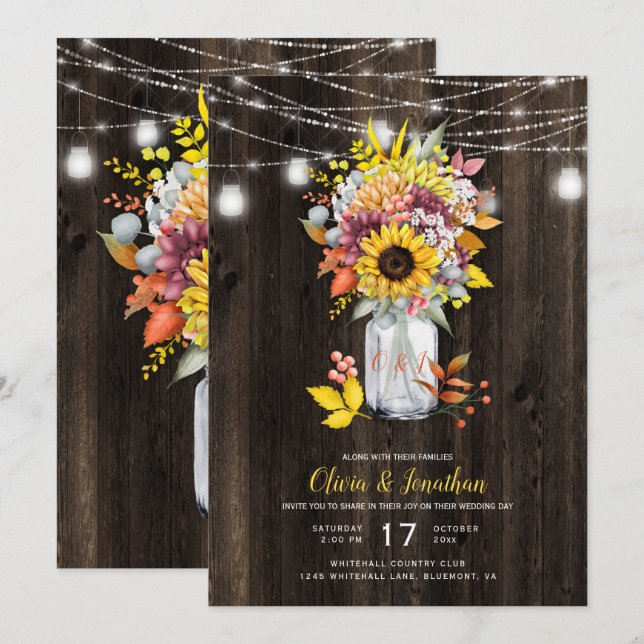 Invitation Rustique Automne Floral Mason Jar Barn Mariage en  (Devant / Derrière)