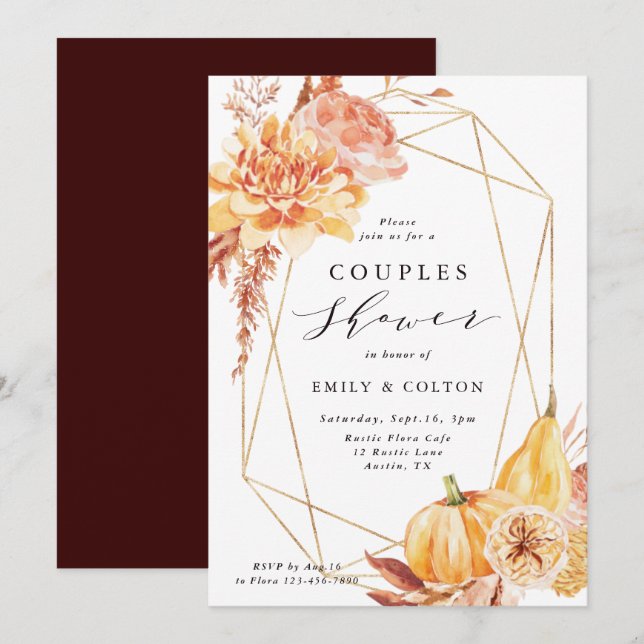 Invitation Rustique Automne Floral Or Couples géométriques Co (Devant / Derrière)