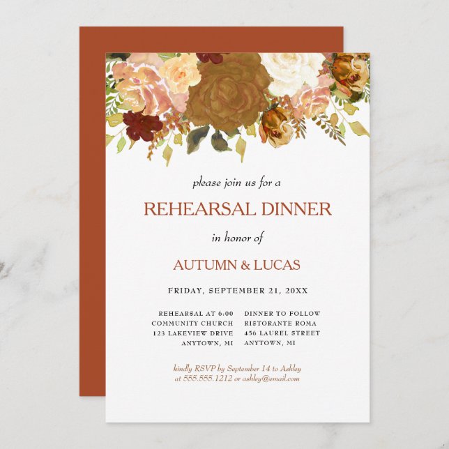 Invitation Rustique Automne Floral Rust Dîner Inv (Devant / Derrière)