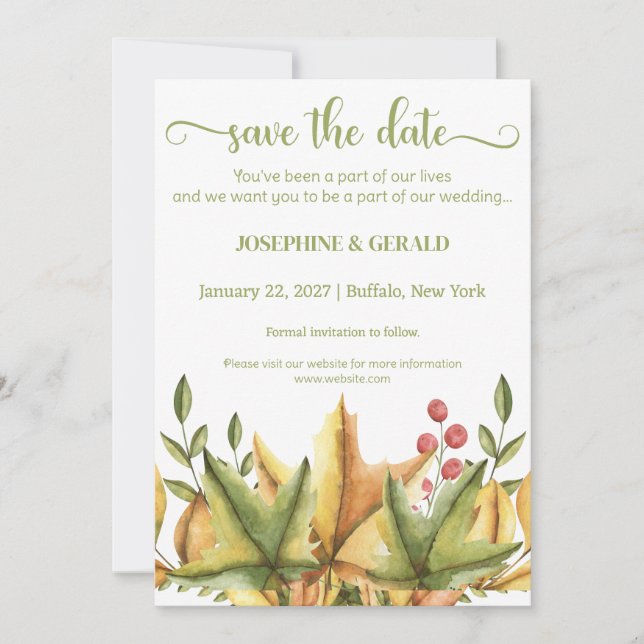 Invitation Rustique Automne Foliage Mariage Sauvez la date (Devant)