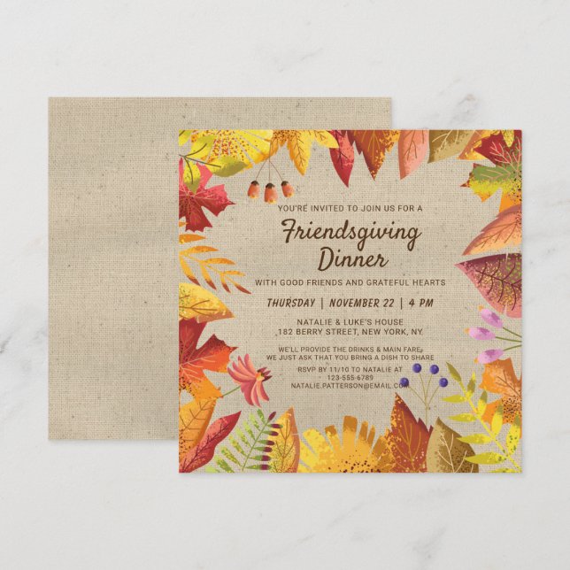 Invitation Rustique automne Friendsgiving Diner Aquarelle Flo (Devant / Derrière)