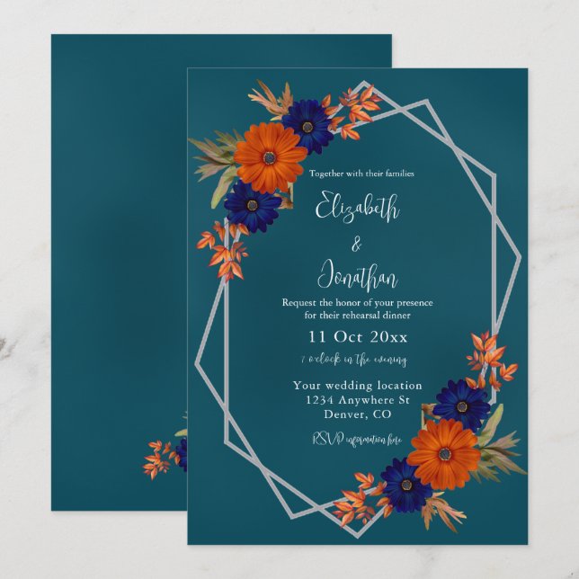 Invitation Rustique Automne Orange Blue Floral Dîner de répét (Devant / Derrière)