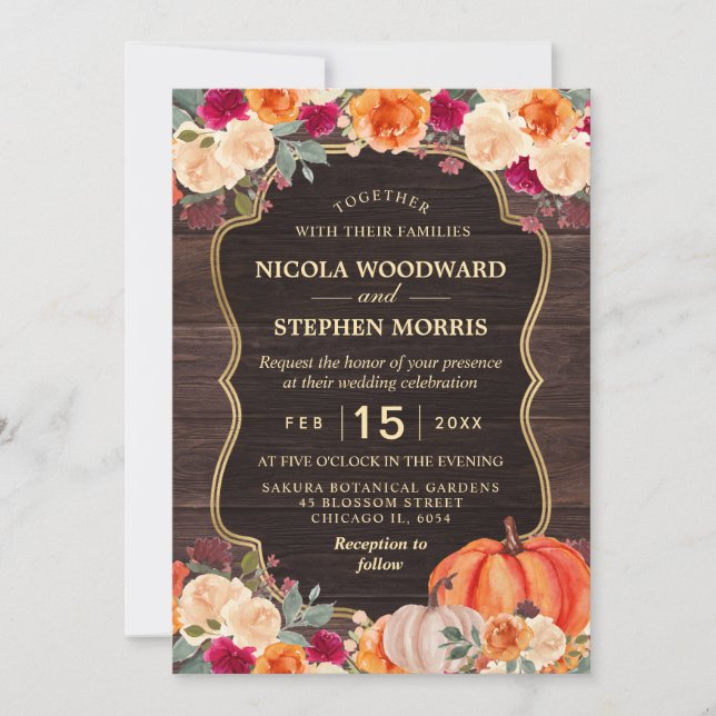 Invitation Rustique Automne Orange Citrouille mariage à fleur (Devant)