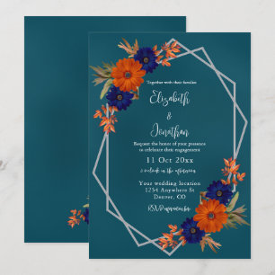 Invitation Rustique Automne Orange Navy Bleu Floral Fiançaill