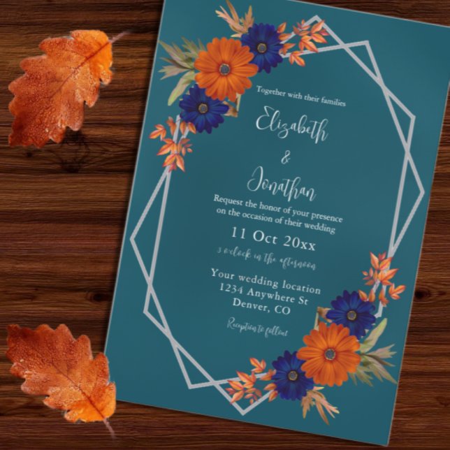 Invitation Rustique Automne Orange Navy Bleu Floral Mariage (Créateur téléchargé)
