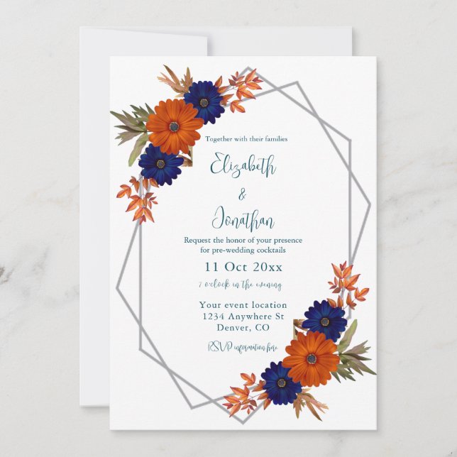 Invitation Rustique Automne Orange Navy Blue Mariage Cocktail (Devant)