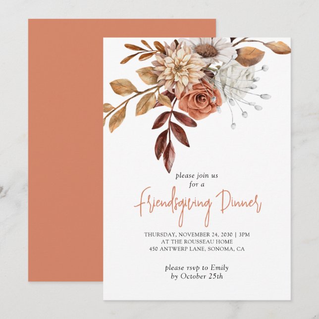 Invitation Rustique Automne Terracotta Bisque Floral Friendsg (Devant / Derrière)
