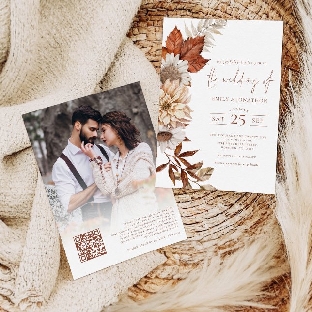 Invitation Rustique Automne Terracotta Florals QR Code Mariag (Front and back view)