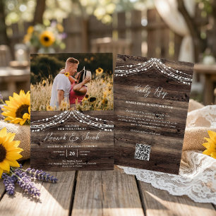Invitation Rustique Barne Bois Chaîne Lumière QR Code RSVP Ma