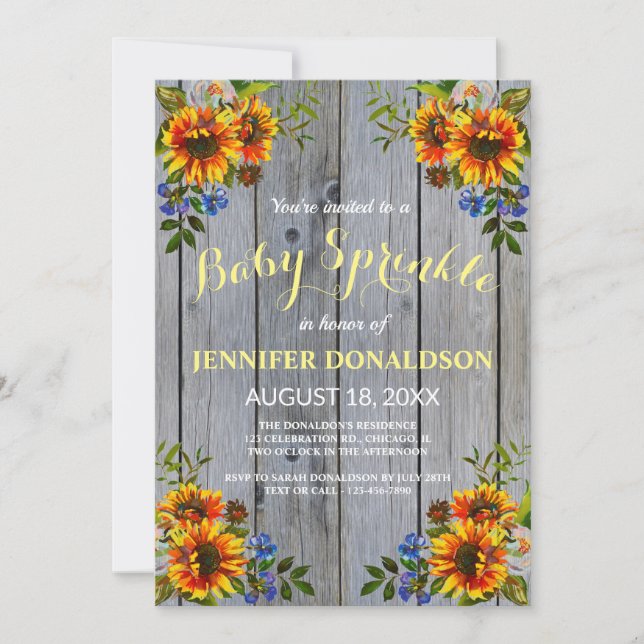 Invitation Rustique Barnwood Sunflower Baby Sprink (Devant)