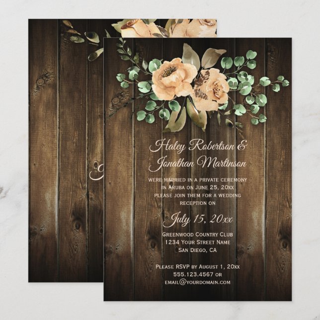 Invitation Rustique Beige Latte Roses Bois de Grange Réceptio (Devant / Derrière)
