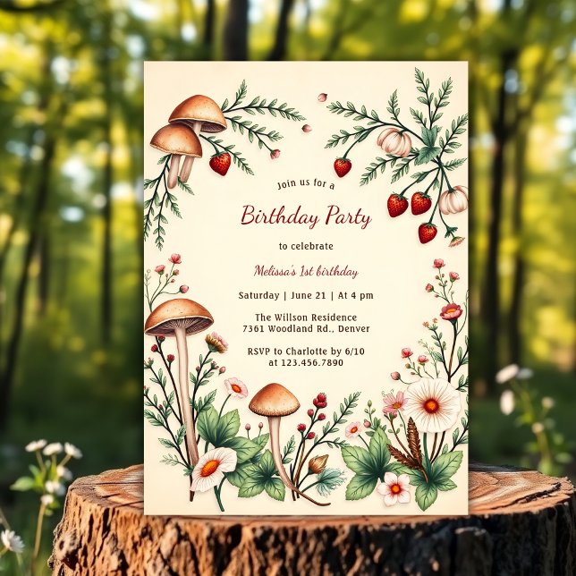 Invitation Rustique Berry Nature Champignons Bois 1er anniver (Rustic Berry Nature Mushroom Woodland 1st Birthday Invitation)