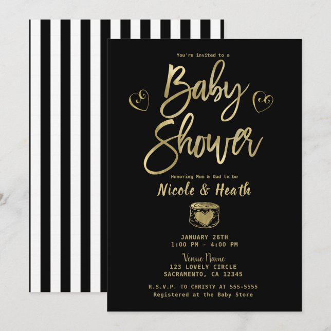 Invitation Rustique Black White Stripes & Baby shower Or (Devant / Derrière)