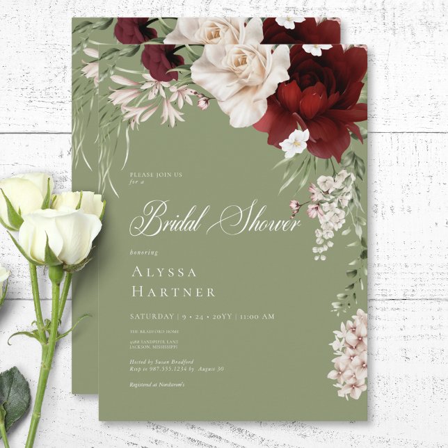 Invitation Rustique blanc & Bourgogne Floral Green Fête des m (Rustic White & Burgundy Floral Green Bridal Shower Invitation)