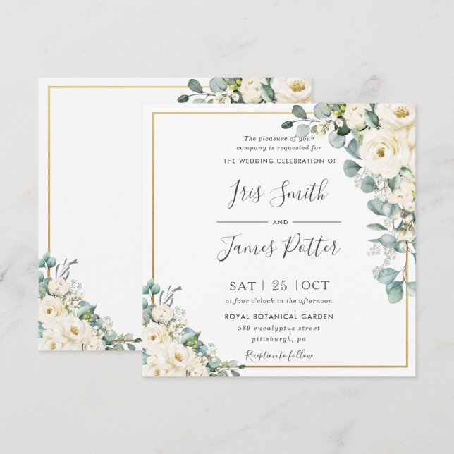 Invitation Rustique blanc ivoire Floral Eucalyptus Mariage or (Devant / Derrière)