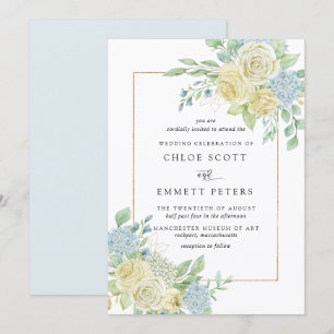 Invitation Rustique Blanc Rose bleu Hydrangea Mariage Floral