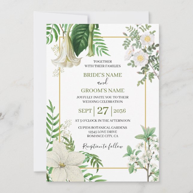 Invitation Rustique blanc vert aquarelle Mariage or Floral (Devant)