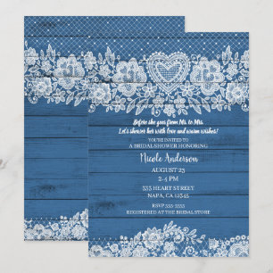 Invitation Rustique Bleu Bois Dentelle Fête de Mariage à la F