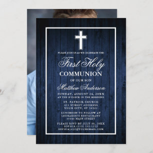 Invitation Rustique Bleu Bois Première Sainte Communion Photo