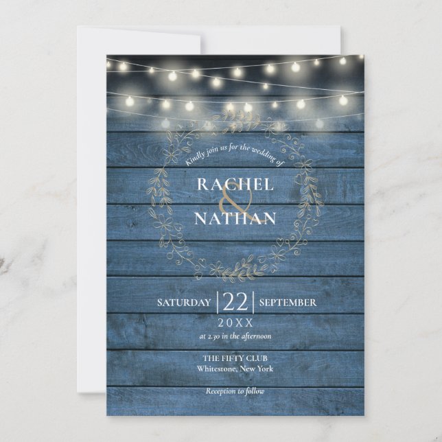 Invitation Rustique Bleu Chaîne Lumière Mariage Garland (Devant)