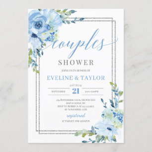 Invitation Rustique bleu floral cadre argenté couple douche