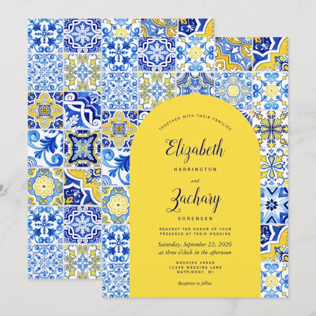 Invitation Rustique Bleu Jaune Arc Portugais Carrelage Mariag (Devant / Derrière)