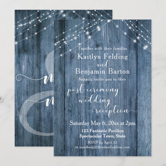 Invitation Rustique Bleu & Lumières Réception Après-Mariage S (Devant / Derrière)