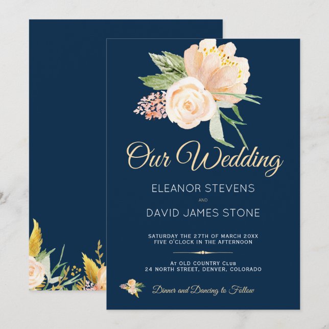 Invitation Rustique bleu marine pêche peonies bouquet mariage (Devant / Derrière)