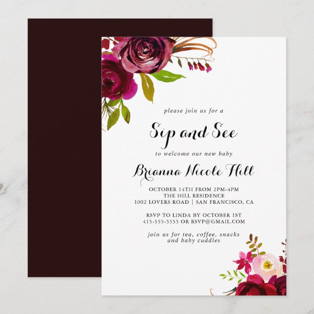 Invitation Rustique Blush Bourgogne Floral Sip et voir (Devant / Derrière)