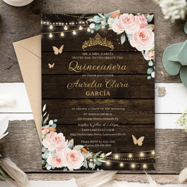 Invitation Rustique Blush Floral Enchanted Forest Quinceanera (Créateur téléchargé)