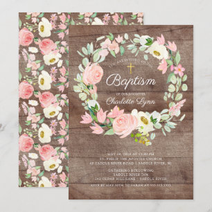 Invitation Rustique Blush Rose Floral Girls Baptême