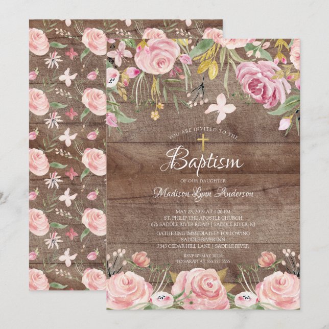 Invitation Rustique Blush rose Floral Gold Cross Baptême (Devant / Derrière)