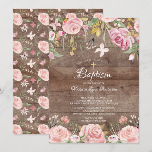 Invitation Rustique Blush rose Floral Gold Cross Baptême